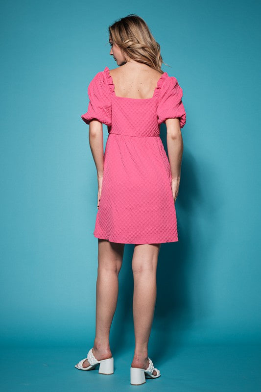 Solid Square Neck Textured Balloon Sleeve Dress-Pink