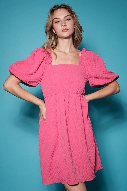 Solid Square Neck Textured Balloon Sleeve Dress-Pink