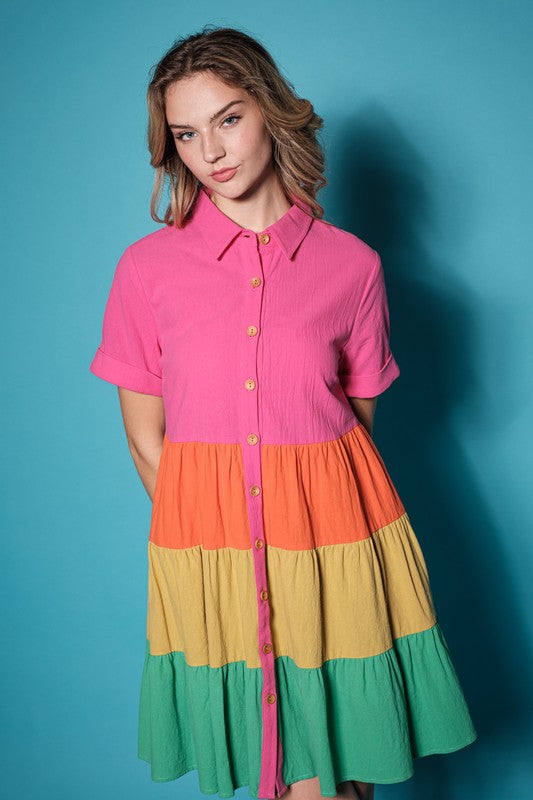 Collared Color Block Button Down Tiered Dress- Multi
