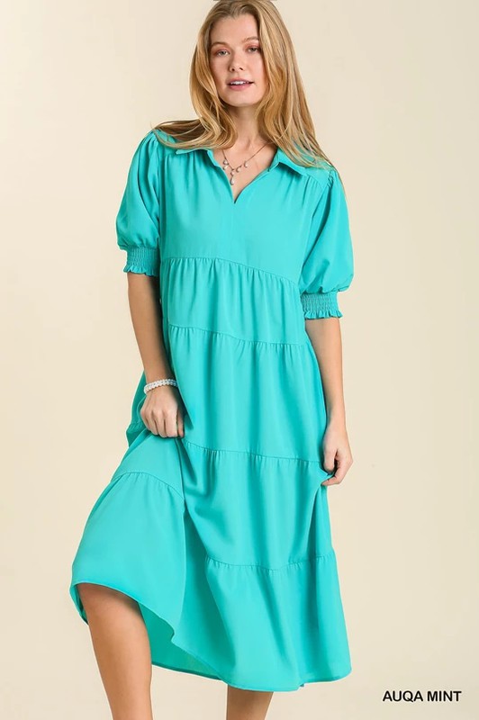 Collared Solid Smocked Sleeve Tiered Maxi Dress