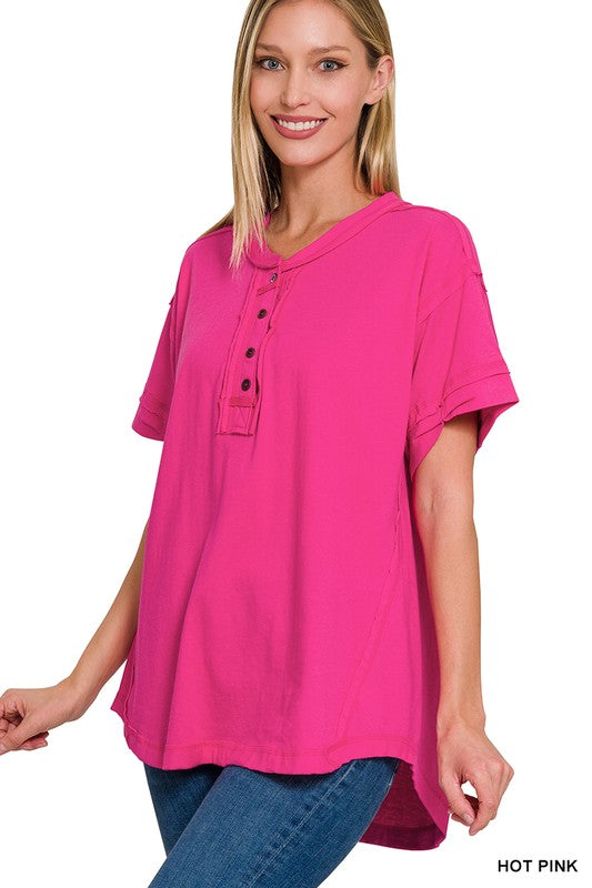 Solid Button Placket Raw Edge Top- Pink