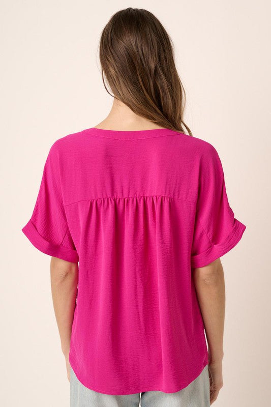 Solid V-Neck Placket Cuff Sleeve Top