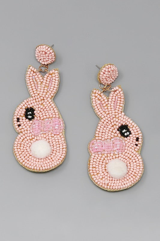 Seed Bead Bow Bunny Earring-Pink