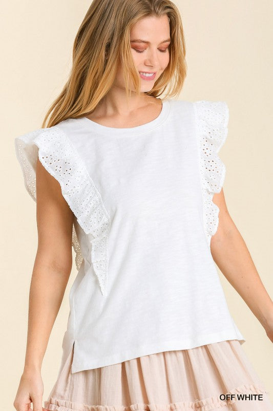 Solid Eyelet Ruffle Flutter Sleeve Top