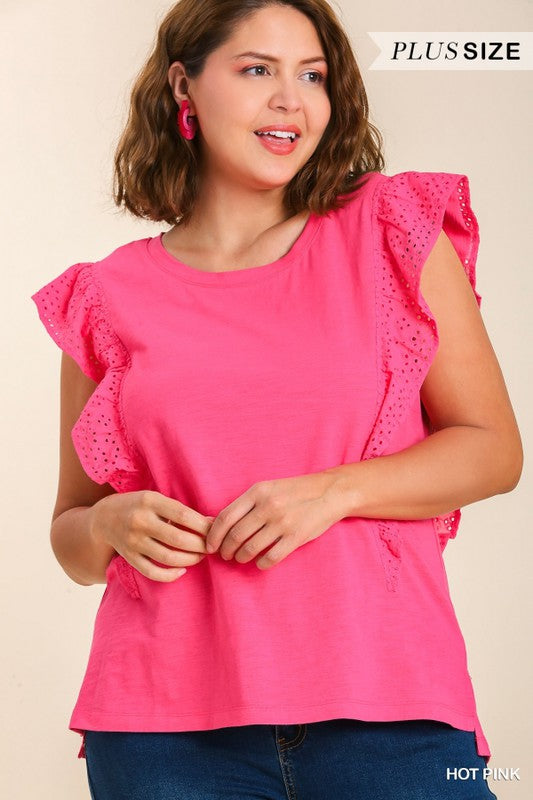 Solid Eyelet Ruffle Flutter Sleeve Top