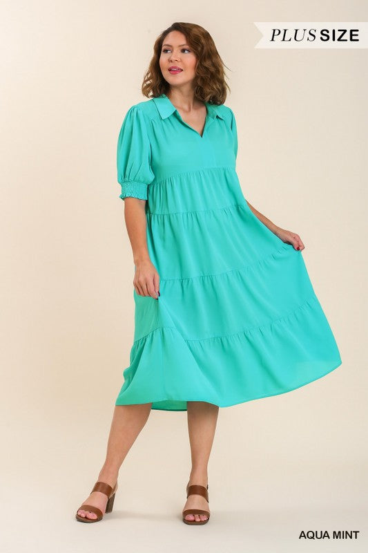 Collared Solid Smocked Sleeve Tiered Maxi Dress