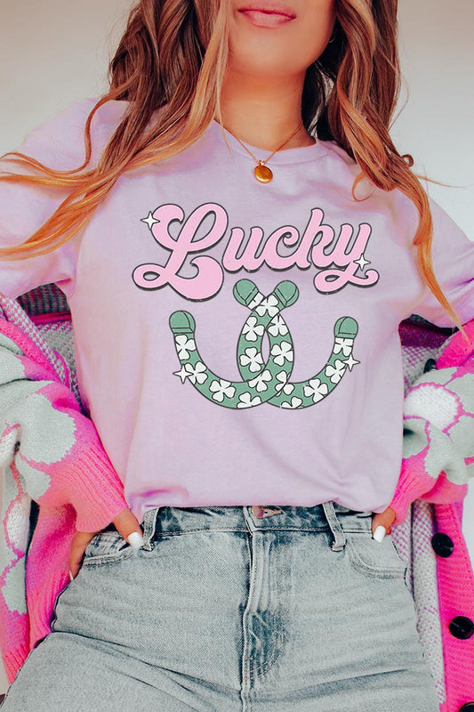 Lucky Clover Horseshoe Graphic T-Shirt-Lilac