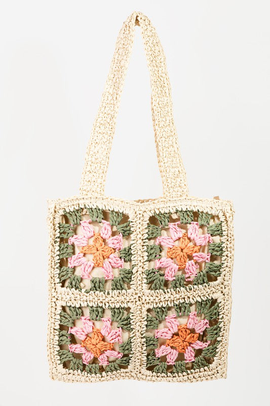 Straw Floral Square Patchwork Tote