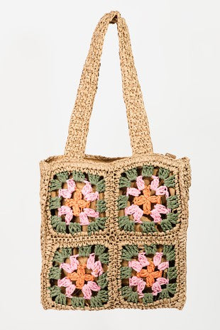 Straw Floral Square Patchwork Tote