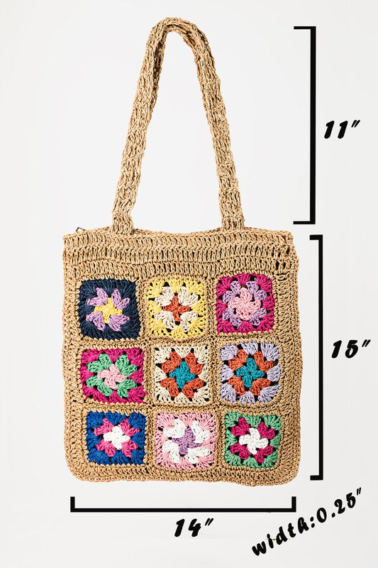 Straw Floral Rectangle Patchwork Tote