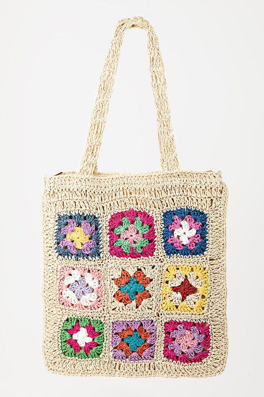 Straw Floral Rectangle Patchwork Tote