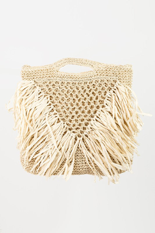 Knitted Raffia Fringe Top Handle Crossbody Tote