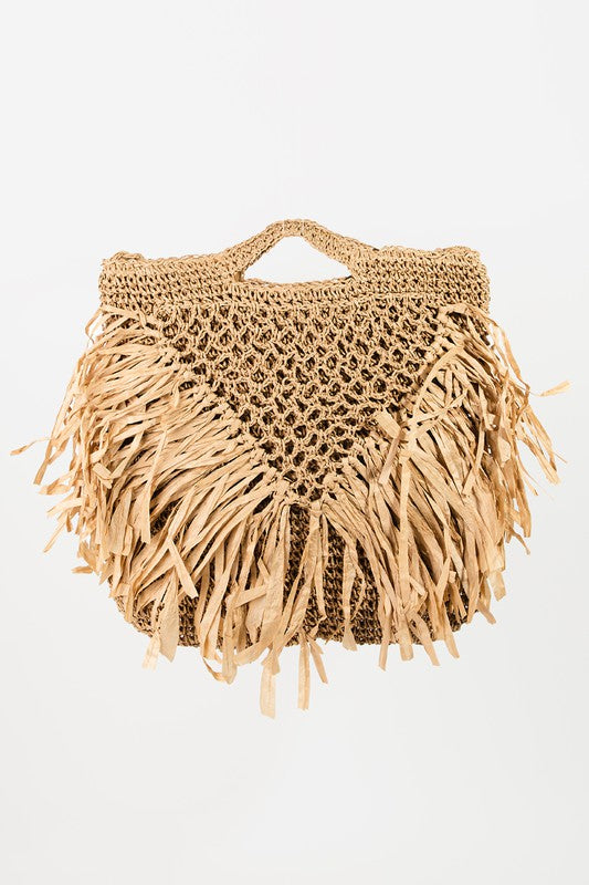 Knitted Raffia Fringe Top Handle Crossbody Tote