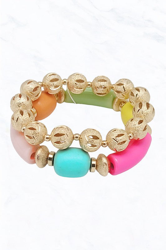 Colored Tube Bead & Gold Hollow Ball Bracelet Set