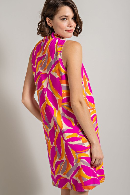 Tropic Print Ruffle V-Neck Shift Dress