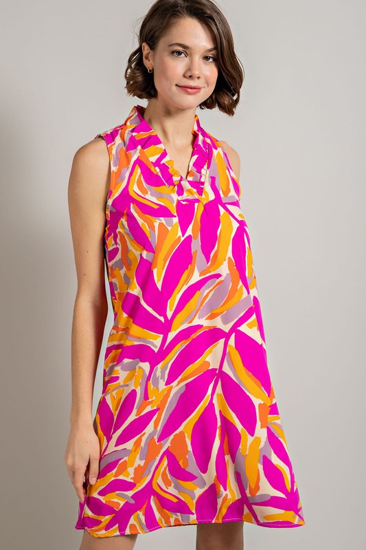 Tropic Print Ruffle V-Neck Shift Dress