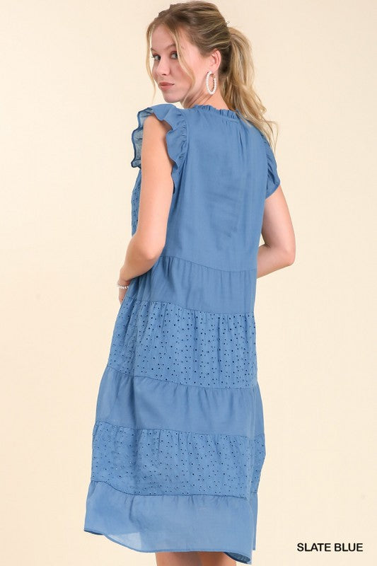 Eyelet/Solid Tie Neck Ruffle Sleeve Tiered Midi Dress