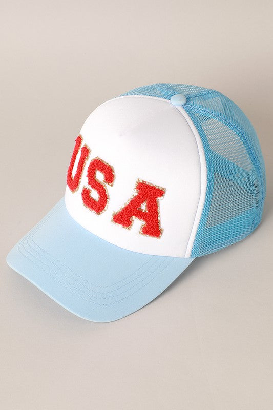 USA Chenille Patch Trucker Hat-Blue