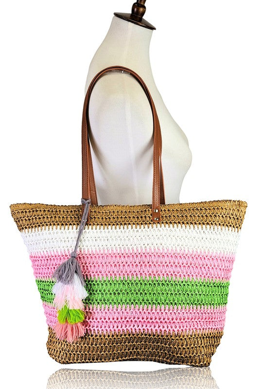 Color Striped Straw Tote Bag w/Tassel