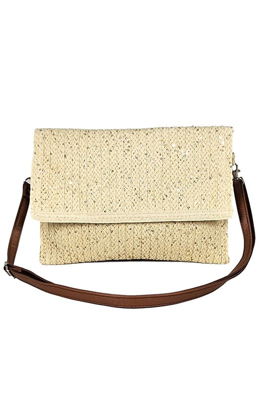 Sequin Straw Fold Over Clutch-Ivory