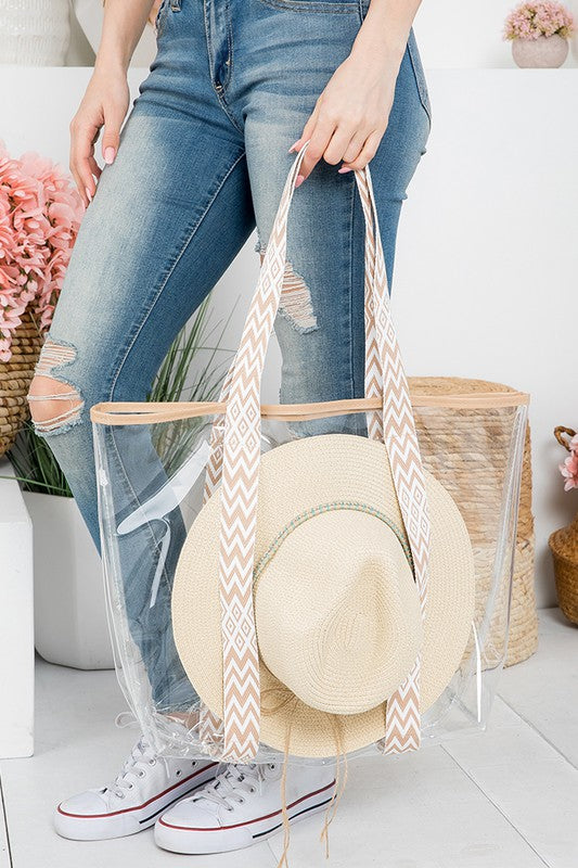 Aztec Strap Clear Hat Carrier Tote Bag-Taupe