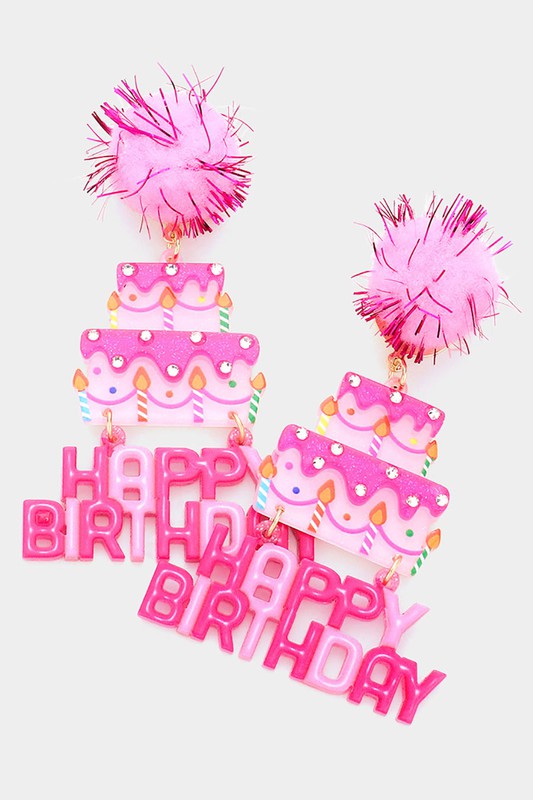 Acrylic Pom Pom Cake Happy Birthday Earring