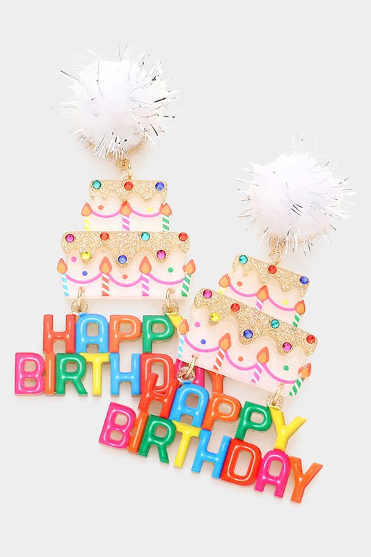 Acrylic Pom Pom Cake Happy Birthday Earring