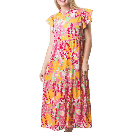 Wildflower Ruffle Sleeve Tiered Maxi Dress- Pink