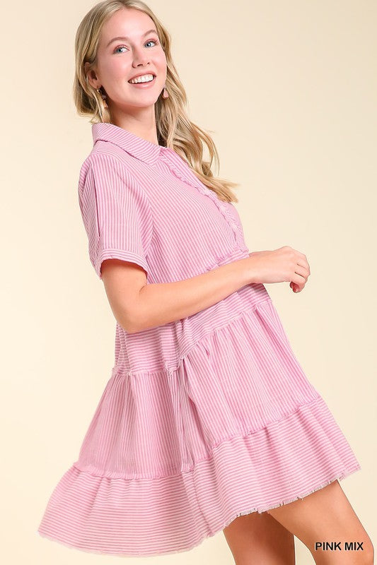 Collared Striped Button Detail Tiered Fray Edge Dress