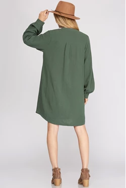 Solid Crinkle V-Neck Placket Long Sleeve Shirt Dress