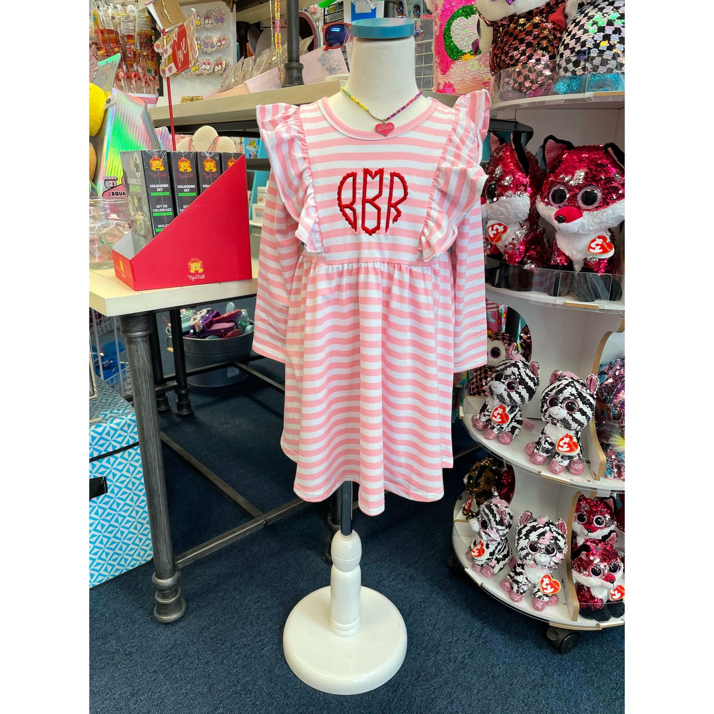 Pink Stripe Ruffle Dress with Personalization