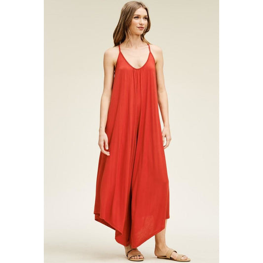 Solid Knit Wide Leg Jumpsuit-Red