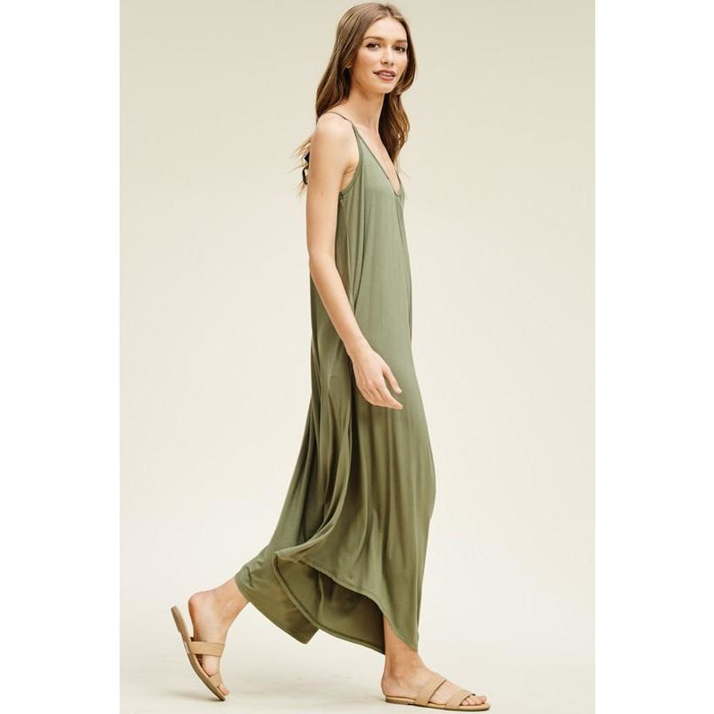 Solid Knit Wide Leg Jumpsuit-Olive