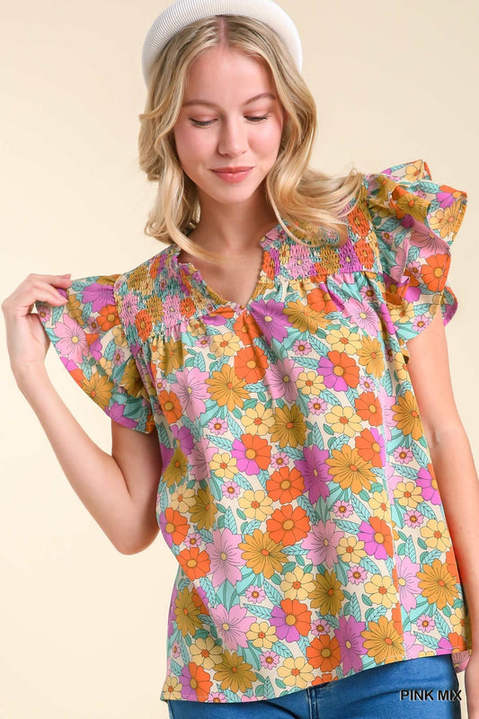 Floral Smocked Ruffle Sleeve Top