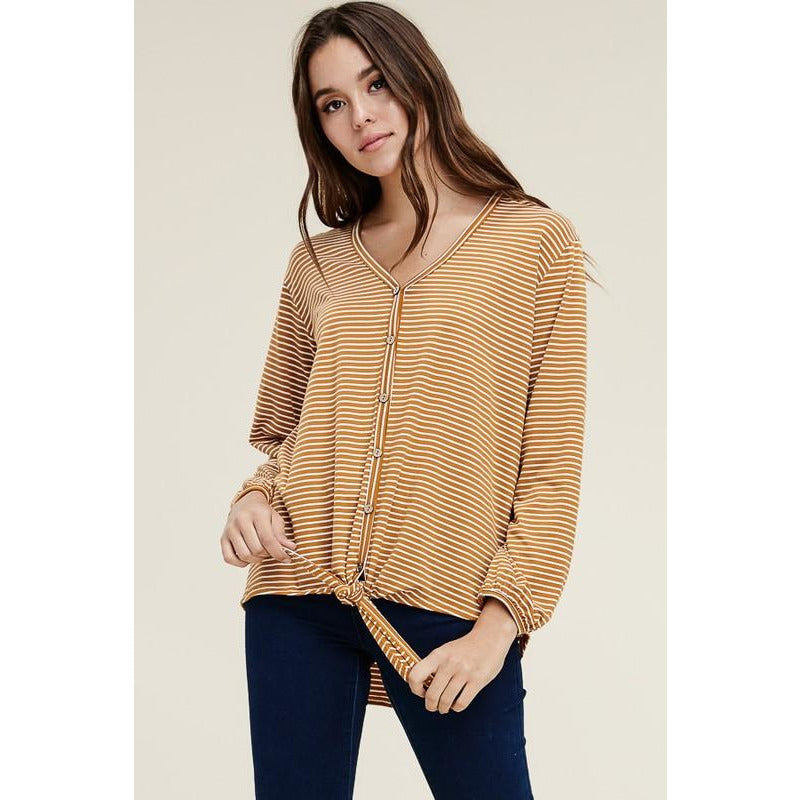 V-Neck Tie Front Button Down Striped Top