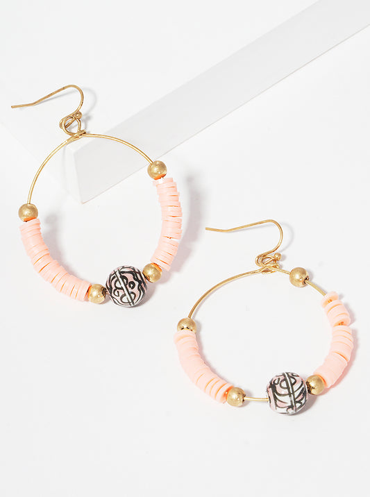 Heishi Bead & Printed Ball Drop Hoop Earring