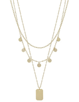 Matte Gold Triple Layered Disc and Pendant Necklace