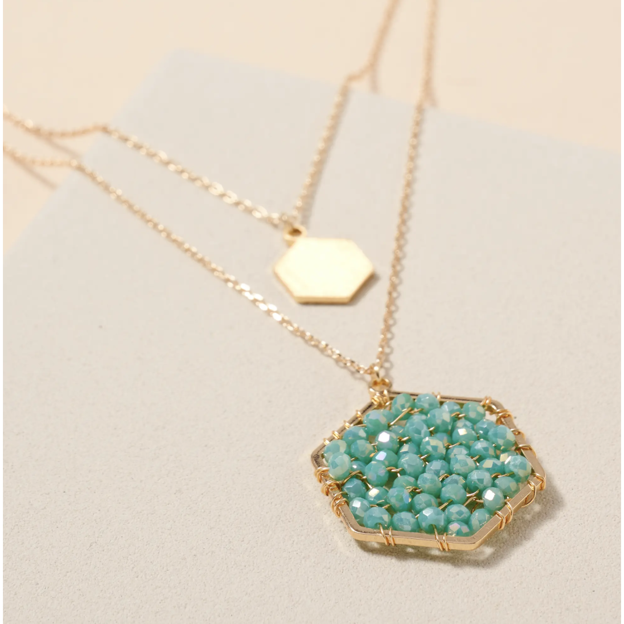 Glass Beaded Hexagon Charm Layered Necklace