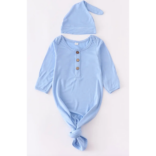 Blue Baby Gown with Knot & Hat