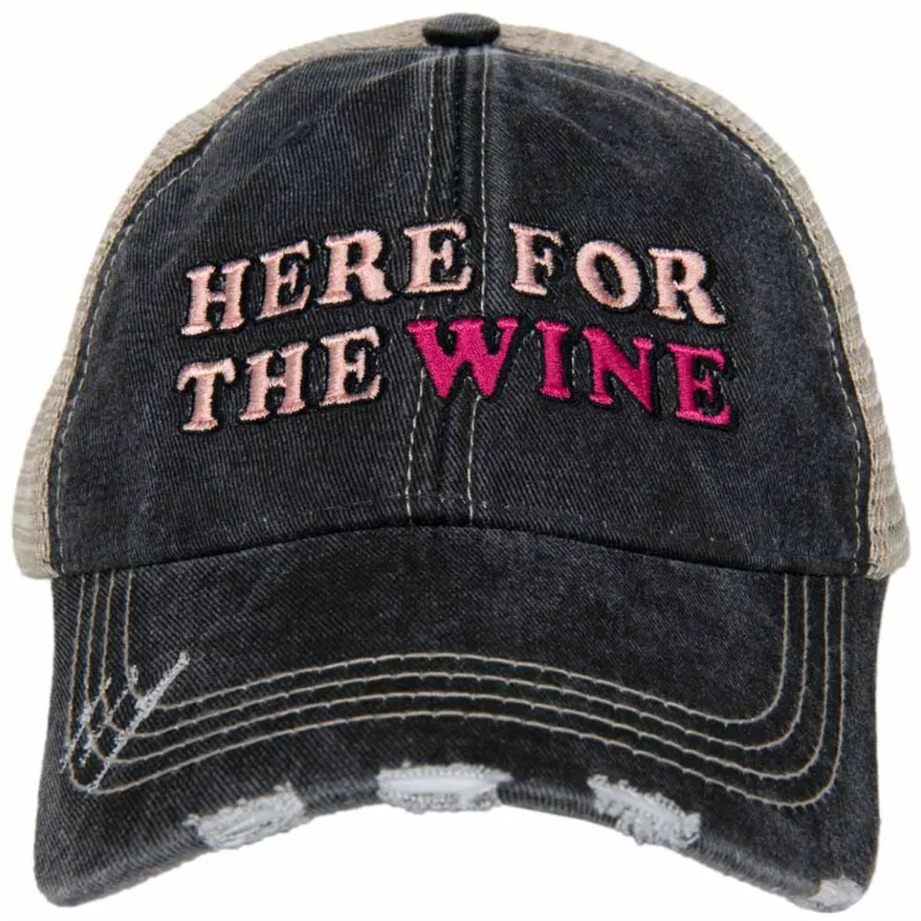Here for the WINE Trucker Hat by Katydid