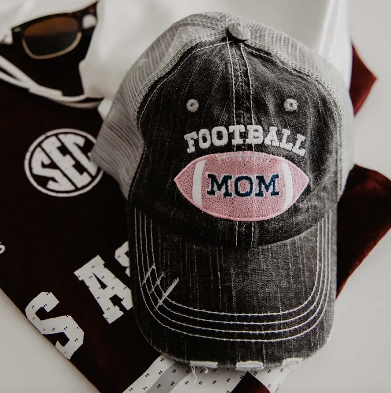 Pink Football Mom Trucker Hat by Katydid