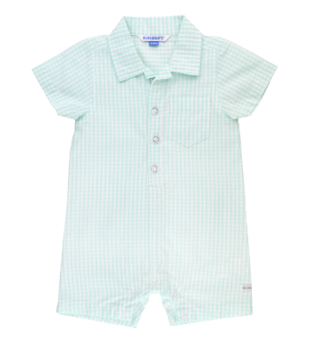 Aqua Gingham Button Up Collared Romper by Ruffle Butts