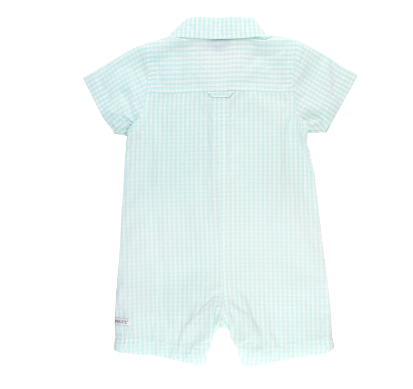 Aqua Gingham Button Up Collared Romper by Ruffle Butts