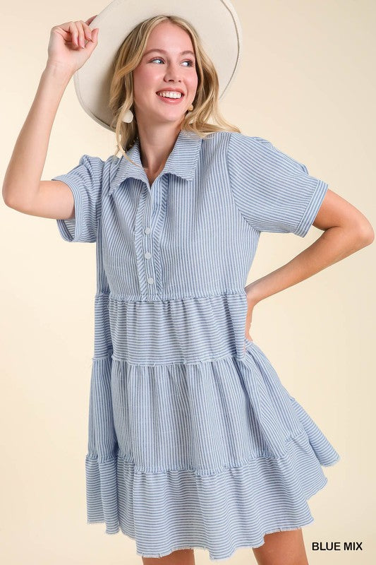 Collared Striped Button Detail Tiered Fray Edge Dress