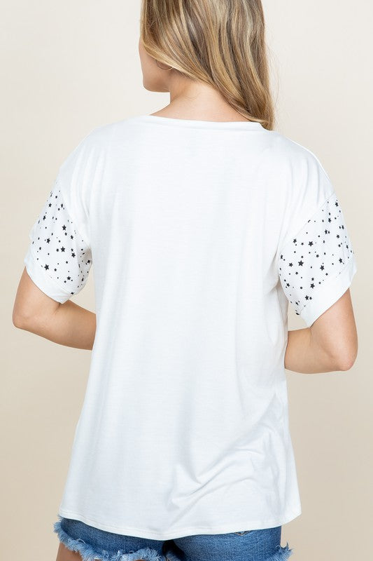 Solid V-Neck Top w/Star Print Sleeves