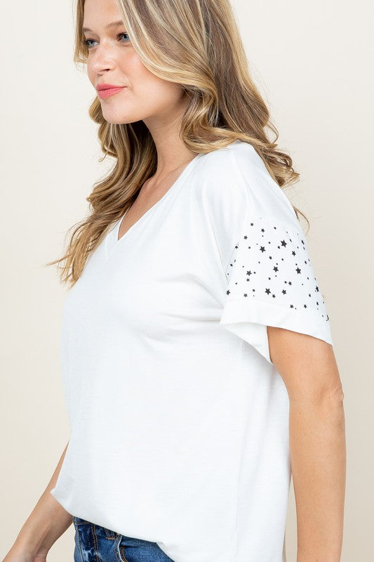 Solid V-Neck Top w/Star Print Sleeves