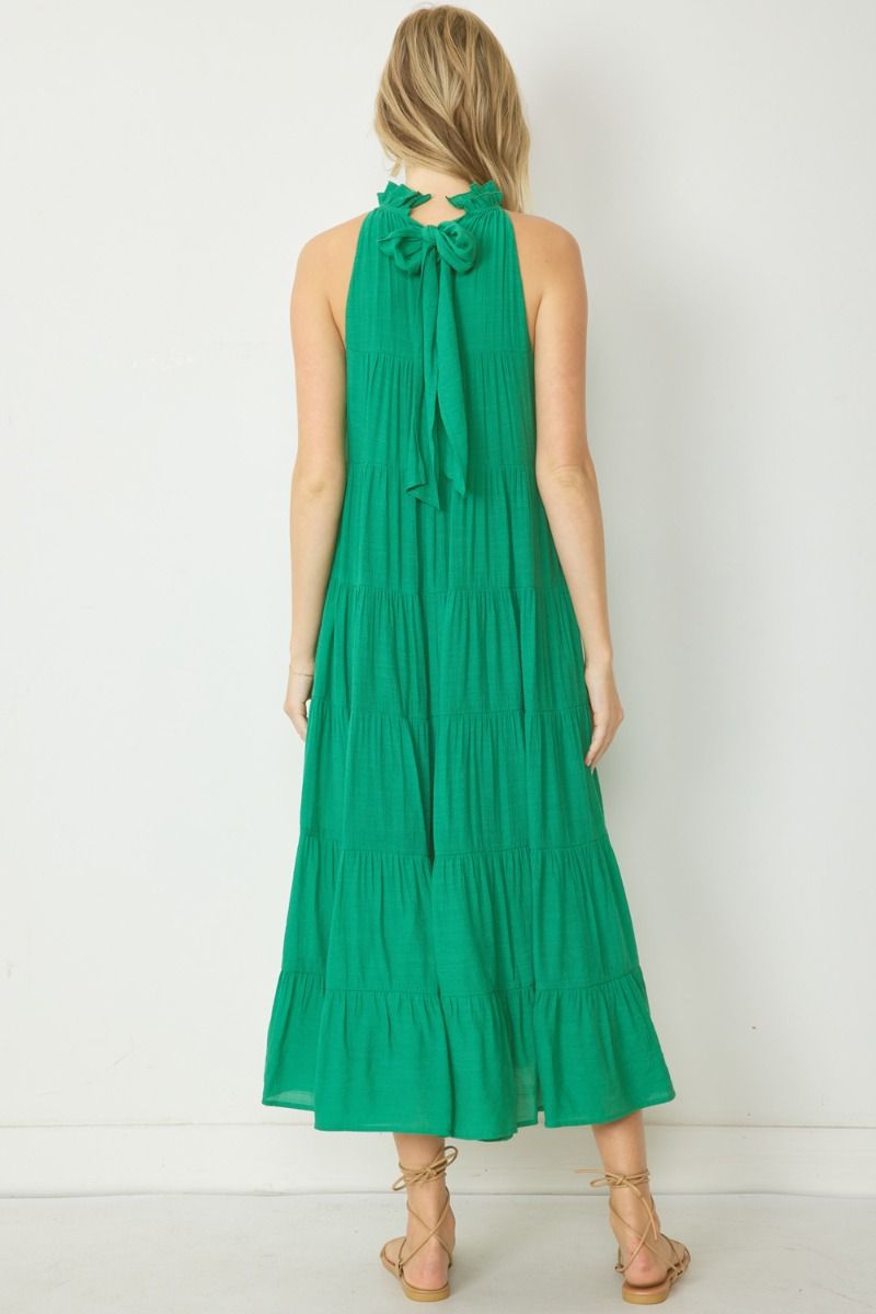 Solid Sleeveless Tie Back Tiered Maxi Dress