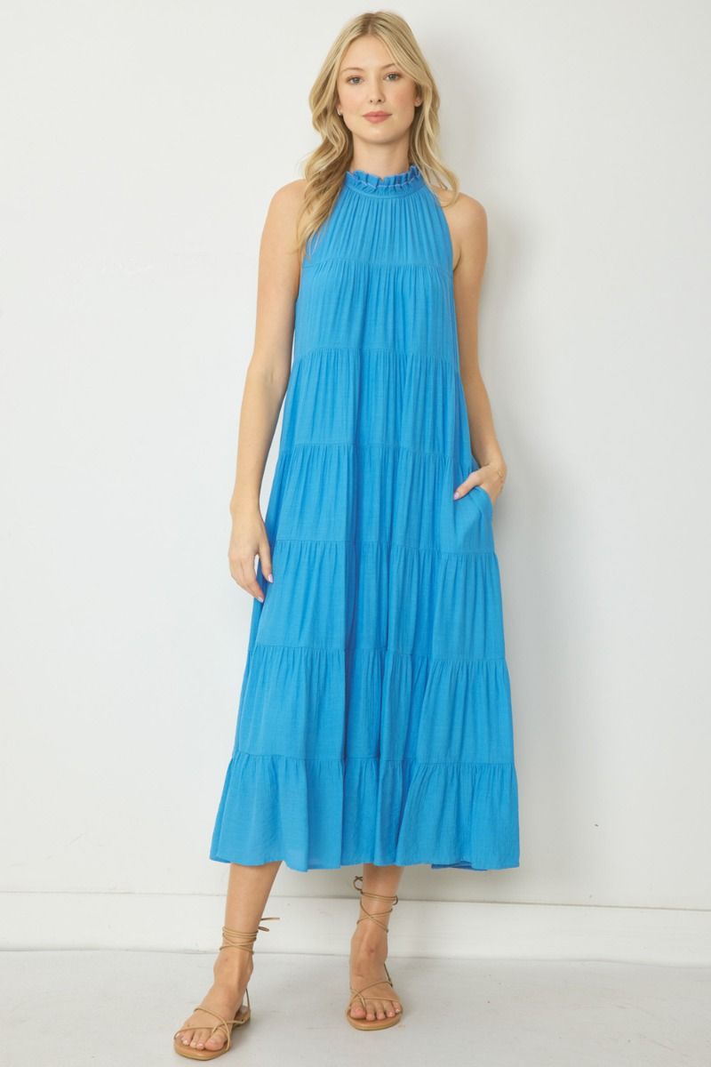 Solid Sleeveless Tie Back Tiered Maxi Dress