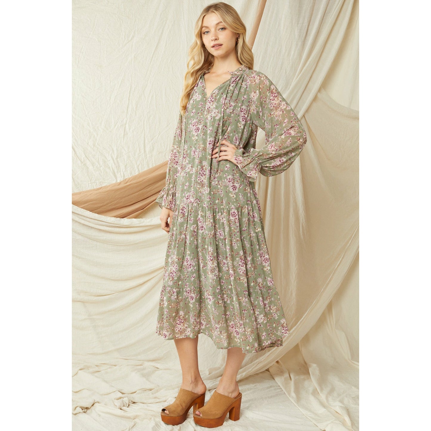 Floral Tie Neck Tiered Long Puff Sleeve Midi Dress-Olive