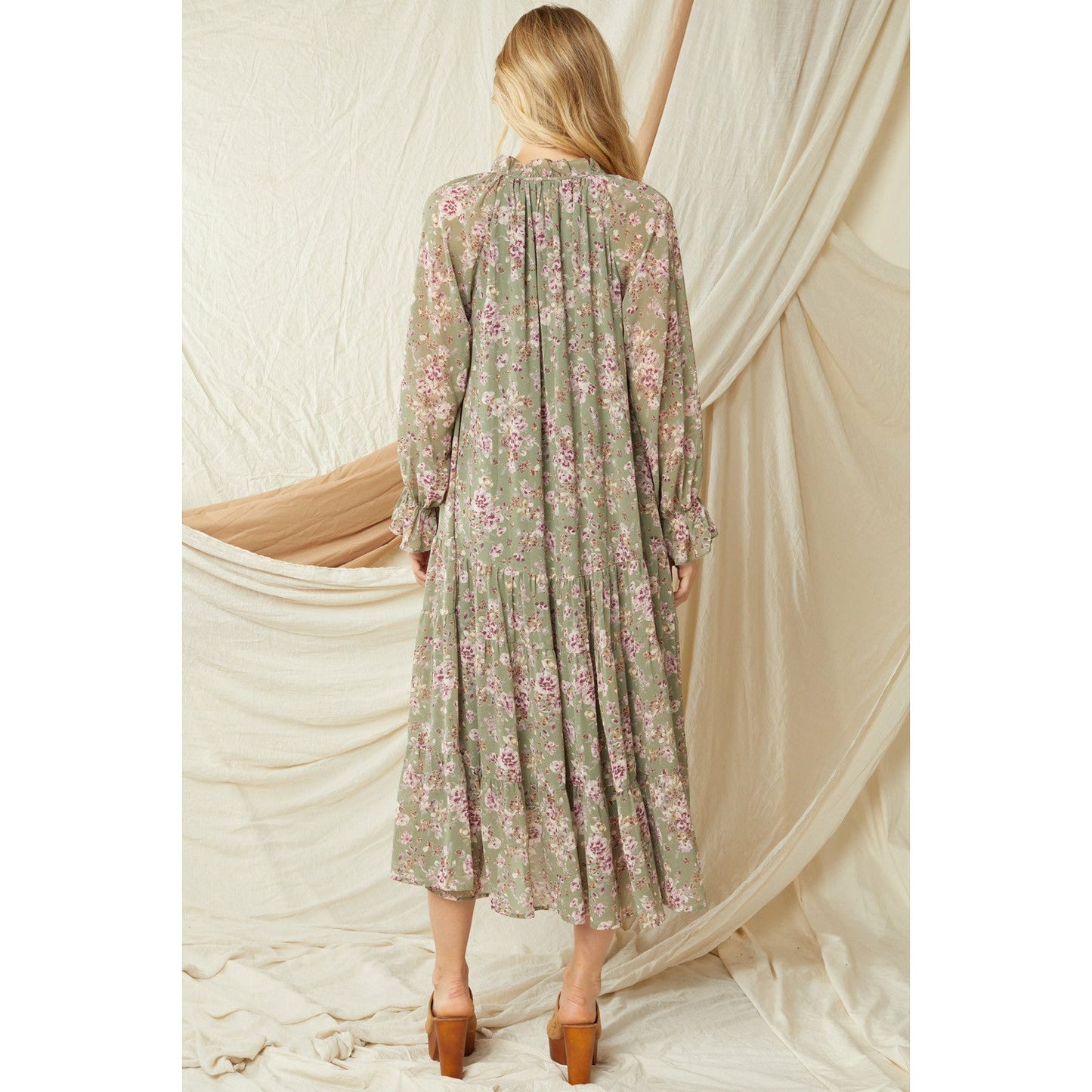 Floral Tie Neck Tiered Long Puff Sleeve Midi Dress-Olive